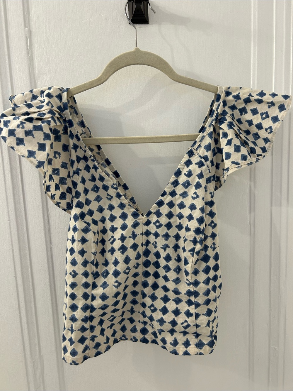 Madewell Blue and Cream One-Shoulder Ruffle Blouse